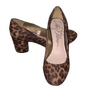 EUC! Libby Edelman Jenna Fabric Leopard Print Block Heel Pumps Shoes Women 7.5